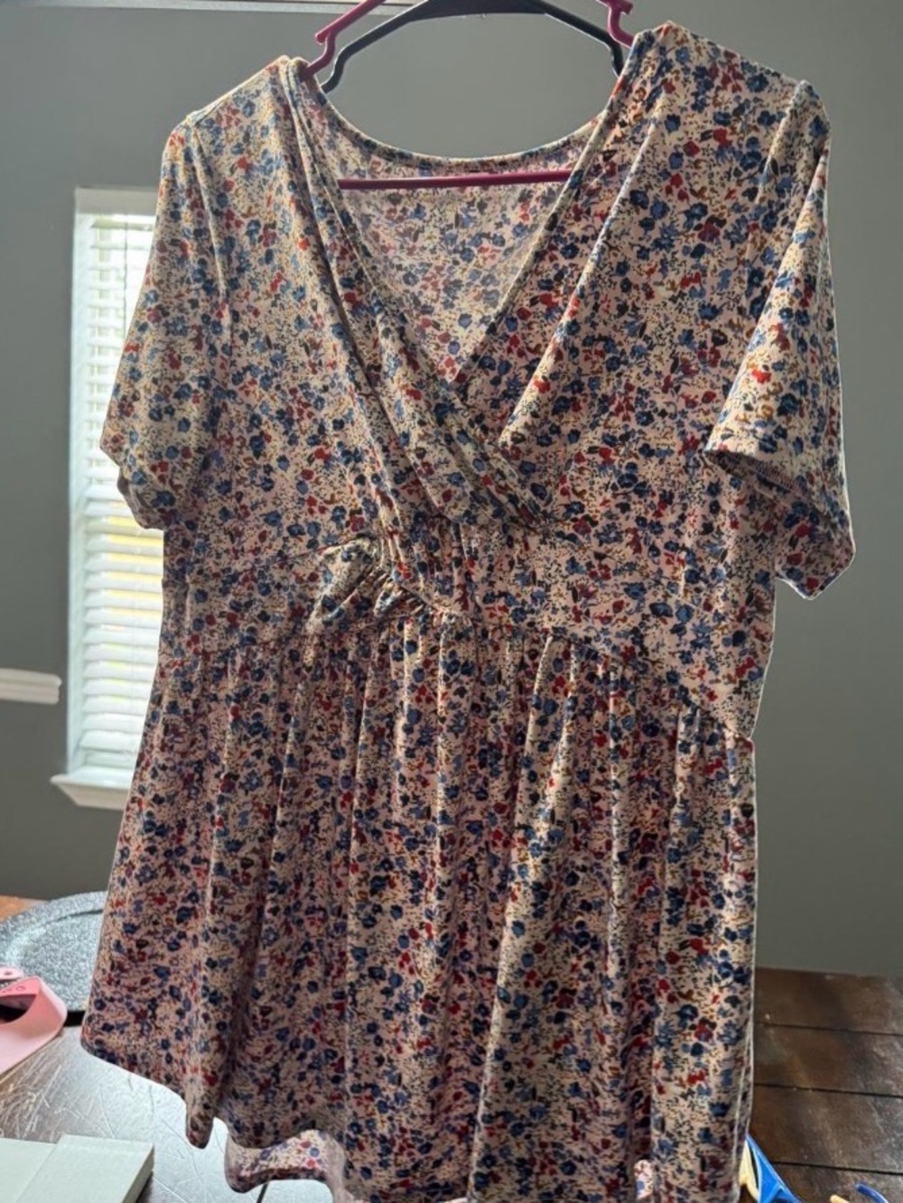 Floral Wrap-Front Women’s Top in Cream and Blue